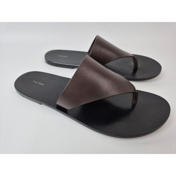 The Row Shoes - THE ROW Women's Espresso Brown Avery Leather Thong Sandals Flip Flops Size 38.5
